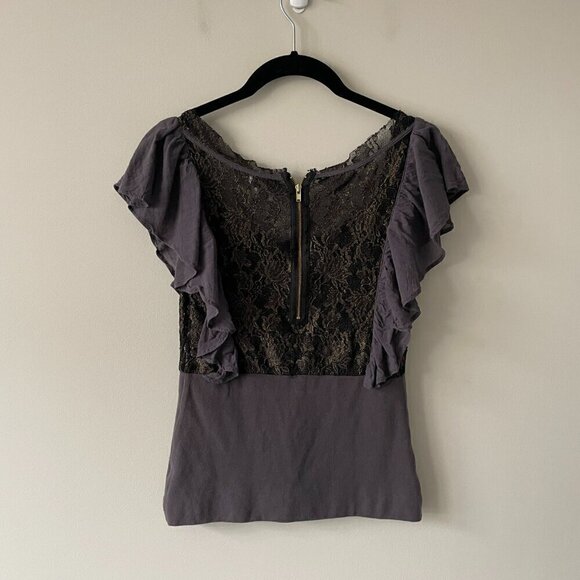 Free People Floral Lace Ruffles Accent Scoop Neck Casual Blouse Black Small - Picture 2 of 6